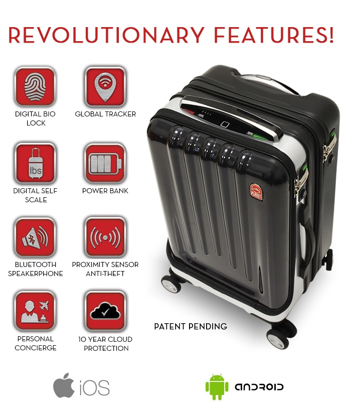 02 high-tech suitcase comes with biometric lock, built-in power bank, Bluetooth speakerphone